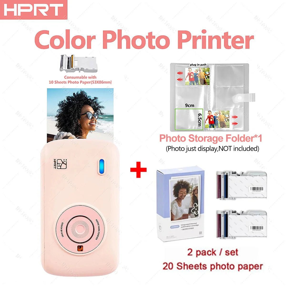 Portable Color Photo Printer 300DPI Wireless 2x3 Inch Travel Picture Printer with Paper Storage Folder - Damsona