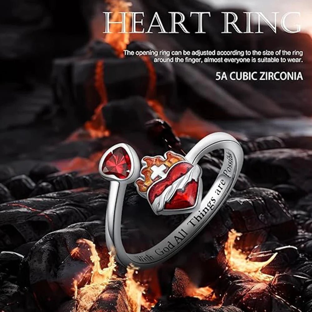 Radiant Ignite Flame-Red Heart Ring | Personalized Ruby-Embellished Open Ring - Damsona