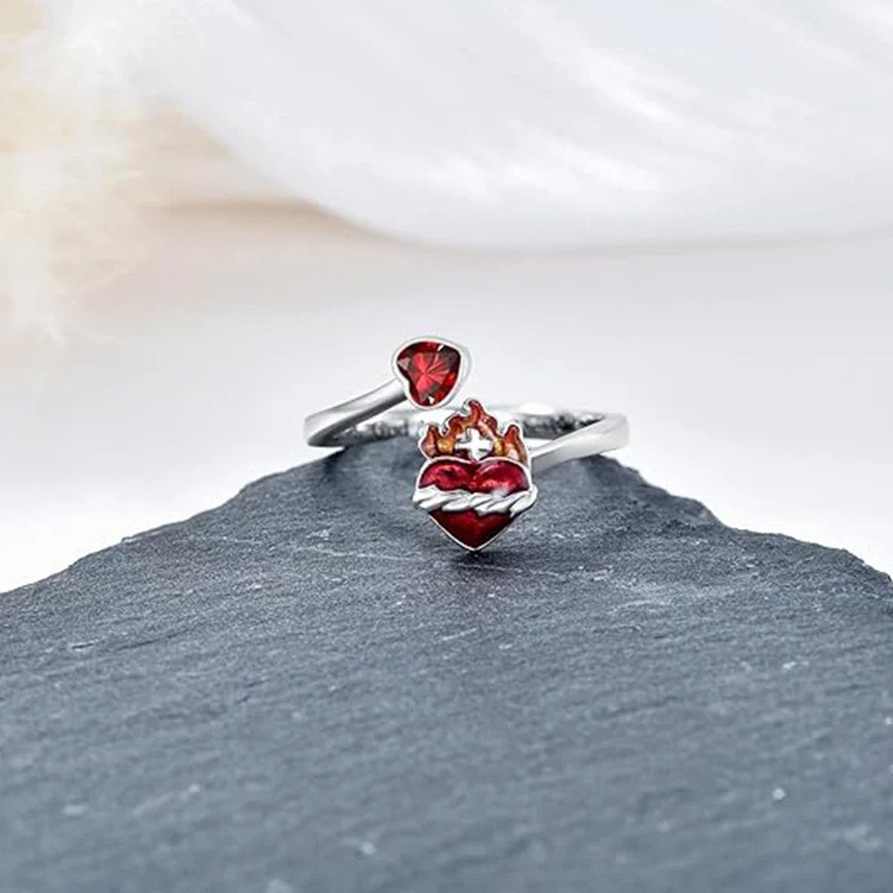 Radiant Ignite Flame-Red Heart Ring | Personalized Ruby-Embellished Open Ring - Damsona