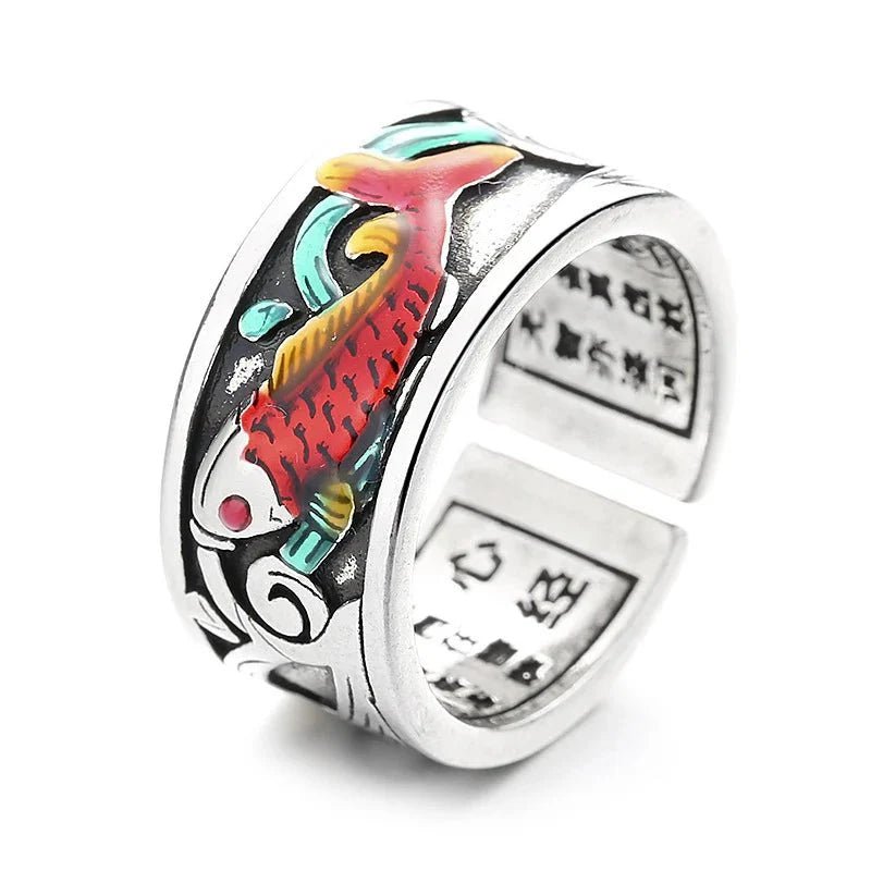 Retro Ethnic Style Enamel Carp Ring | Adjustable Opening Fashion Jewelry - Damsona