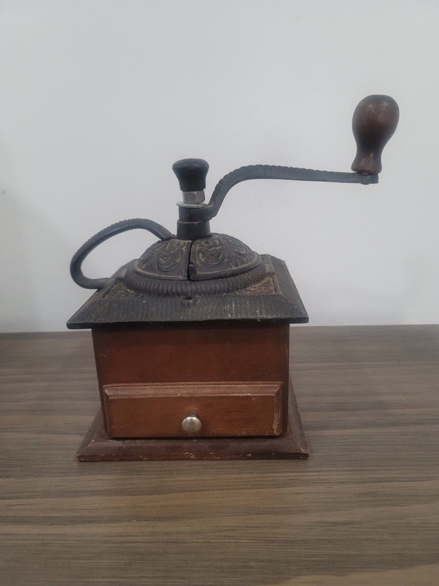 Vintage cast iron and wood coffee grinder