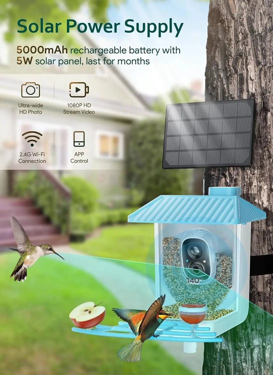 Smart Solar Bird Feeder with AI Camera 1080P HD WiFi Bird Watching Feeder Real-Time Alerts Outdoor - Damsona