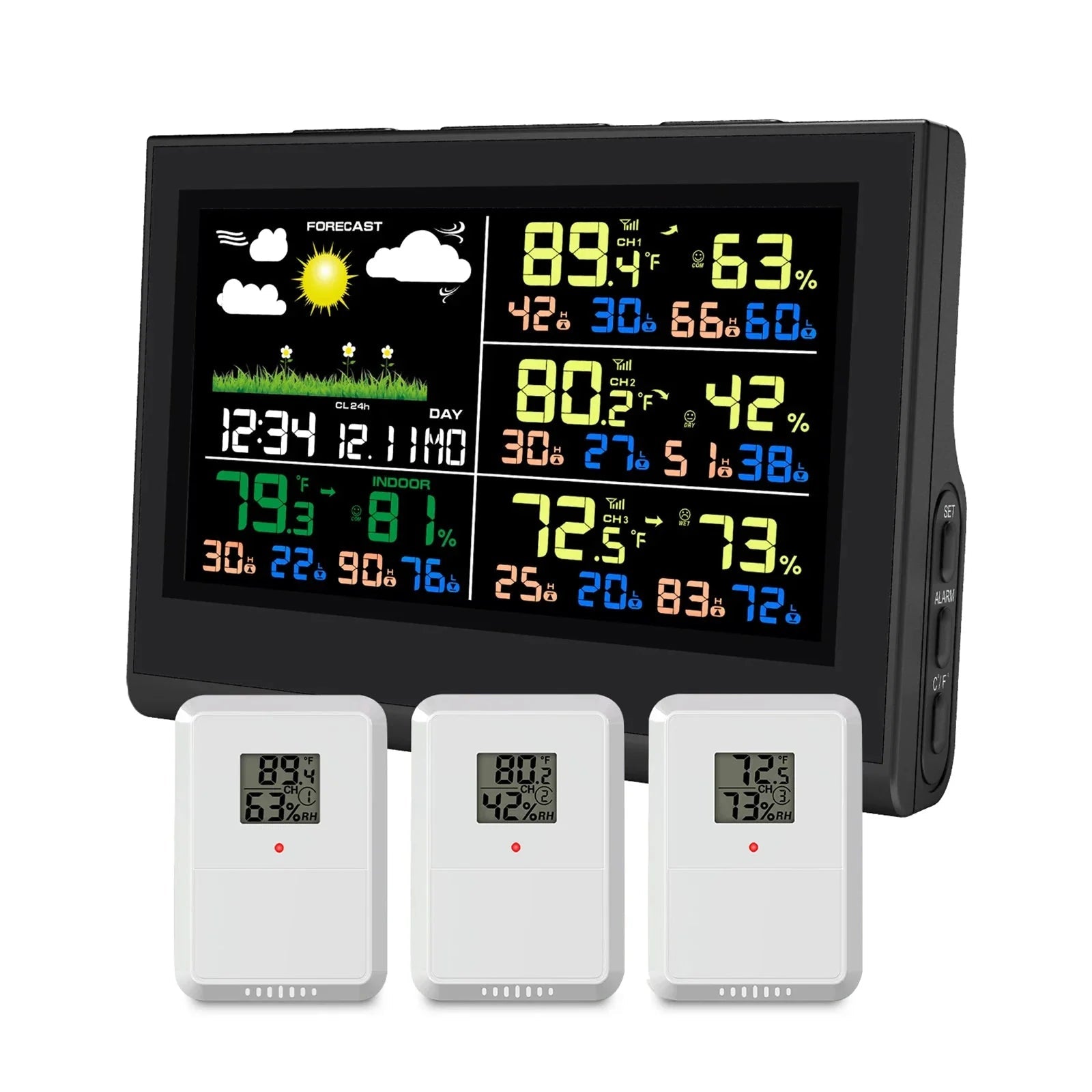 Smart Wireless Weather Station with 3 Sensors Large Color Display Indoor Outdoor Thermometer Hygrometer - Damsona