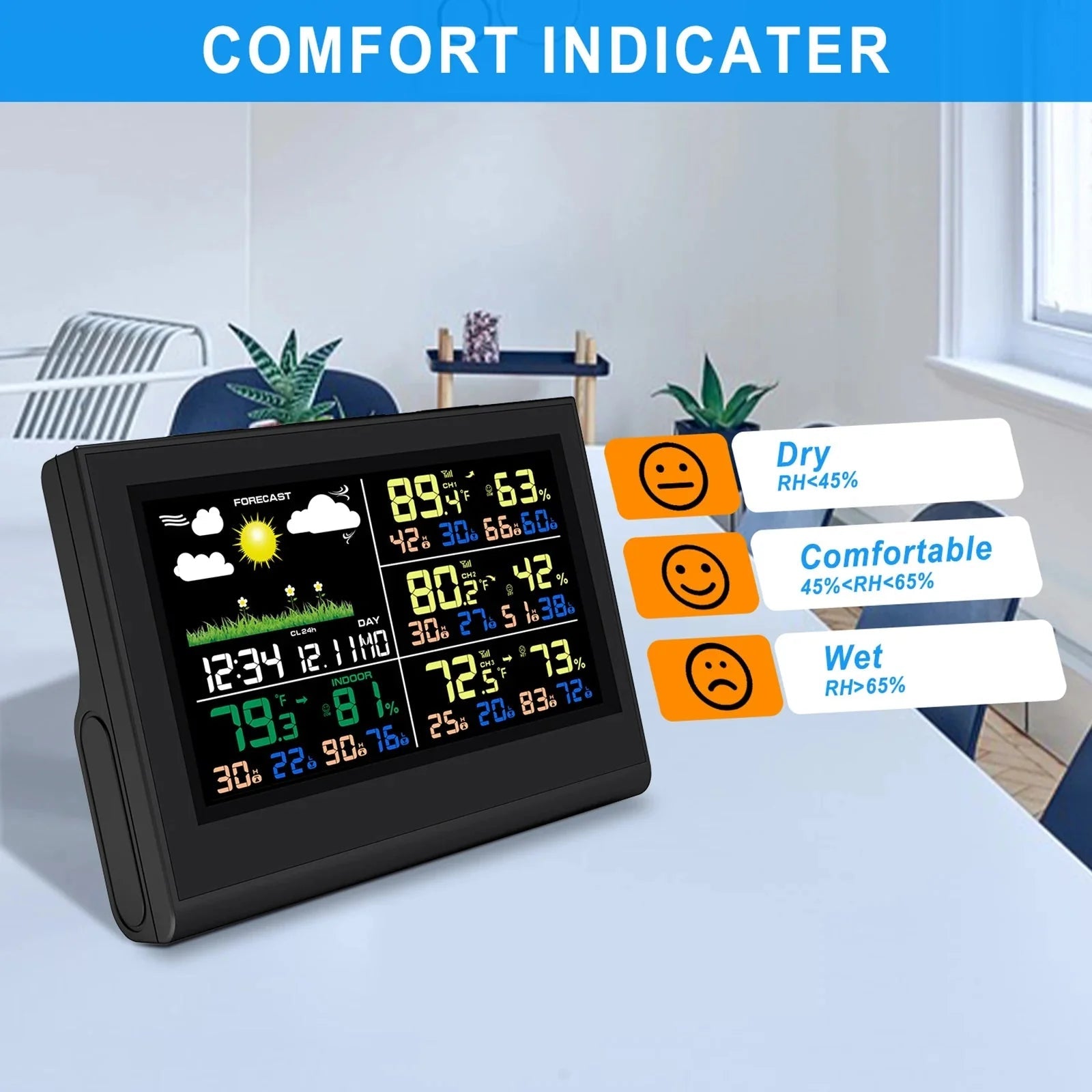 Smart Wireless Weather Station with 3 Sensors Large Color Display Indoor Outdoor Thermometer Hygrometer - Damsona