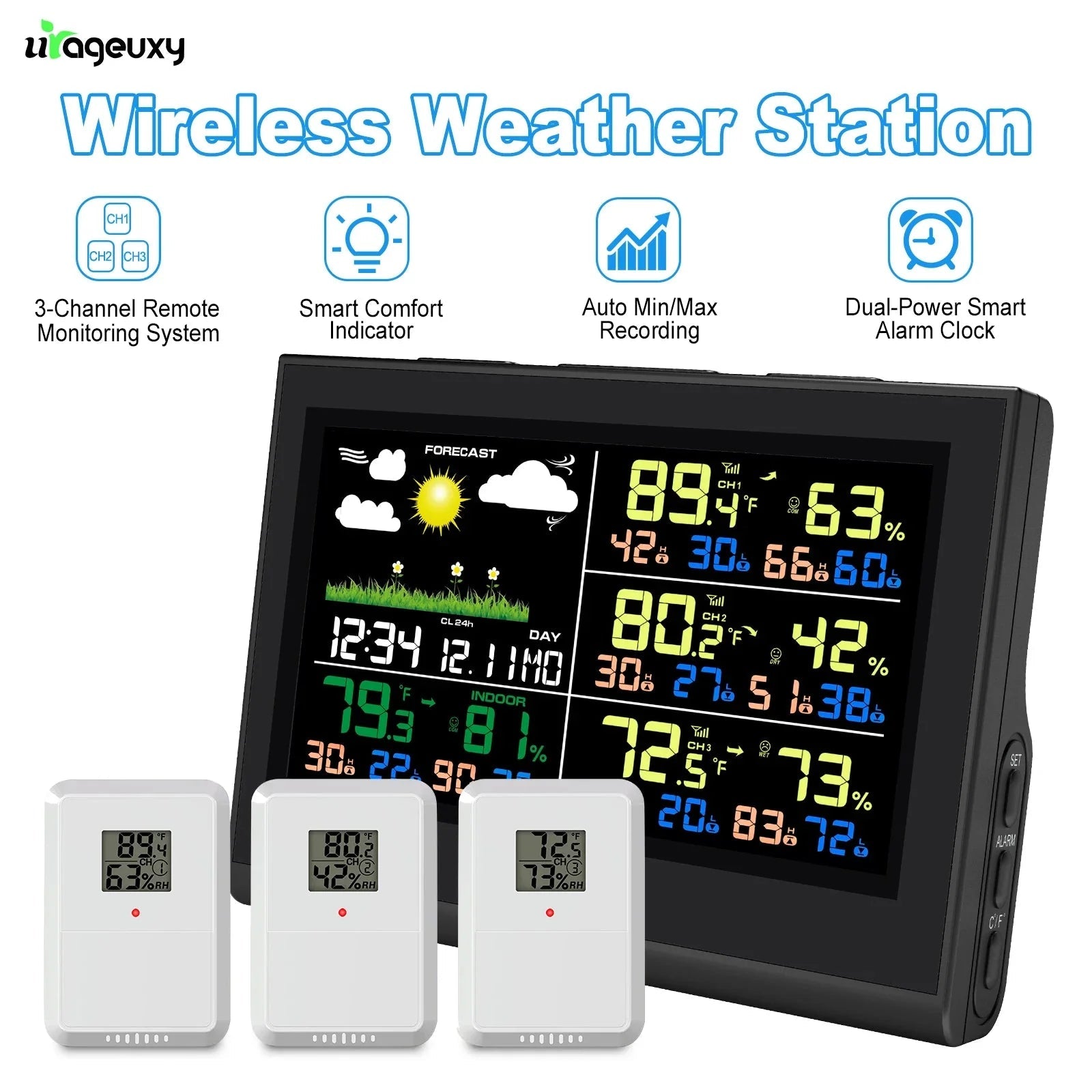 Smart Wireless Weather Station with 3 Sensors Large Color Display Indoor Outdoor Thermometer Hygrometer - Damsona