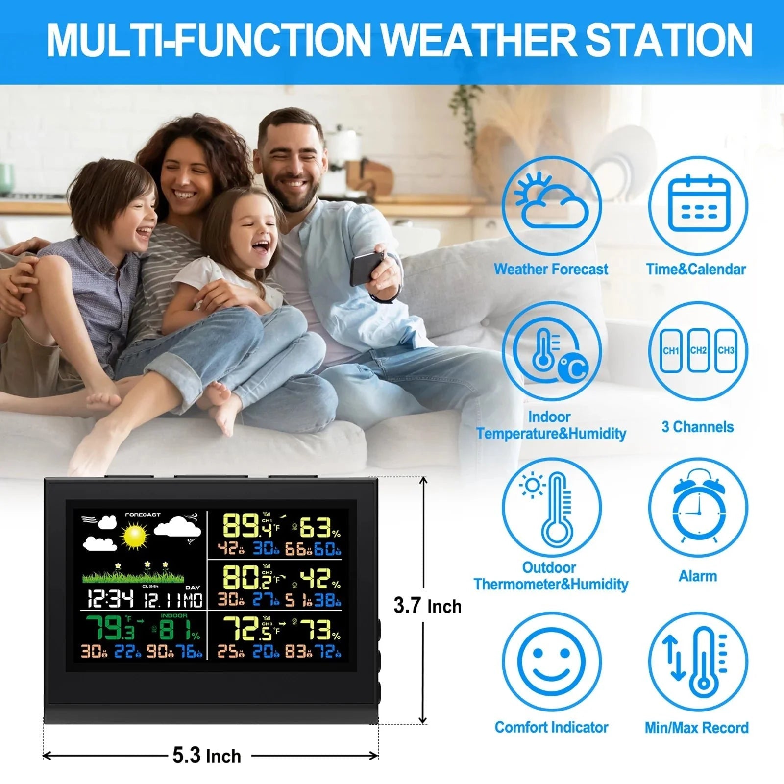 Smart Wireless Weather Station with 3 Sensors Large Color Display Indoor Outdoor Thermometer Hygrometer - Damsona