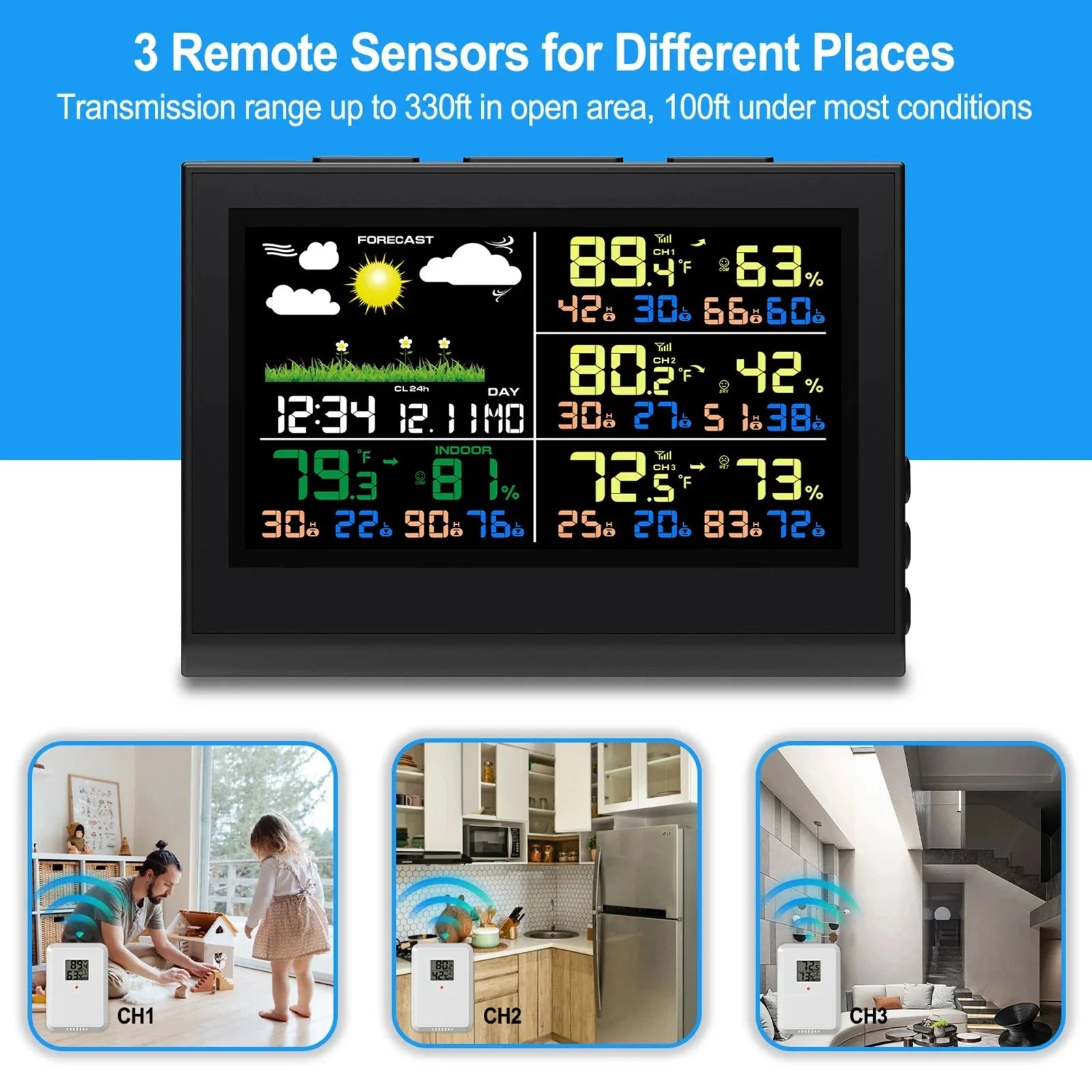 Smart Wireless Weather Station with 3 Sensors Large Color Display Indoor Outdoor Thermometer Hygrometer - Damsona