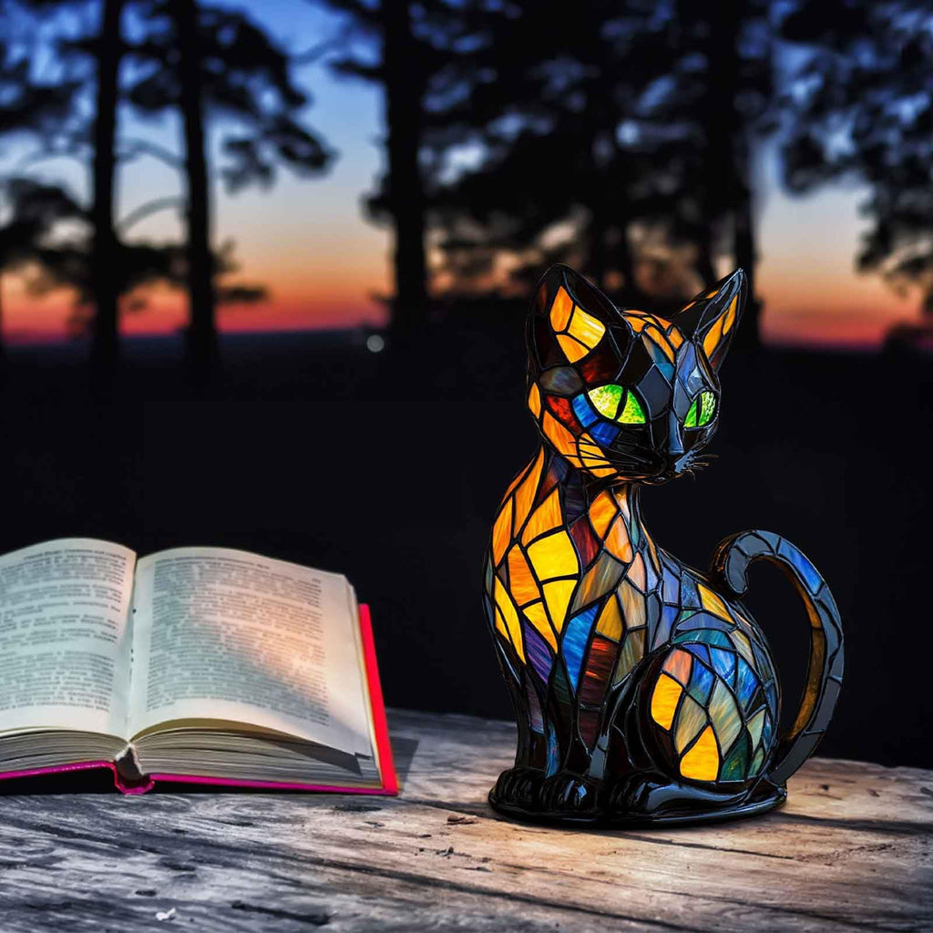 Stained Glass Cat Lamp — Resin LED Night Light, USB Table Lamp Gift - Damsona