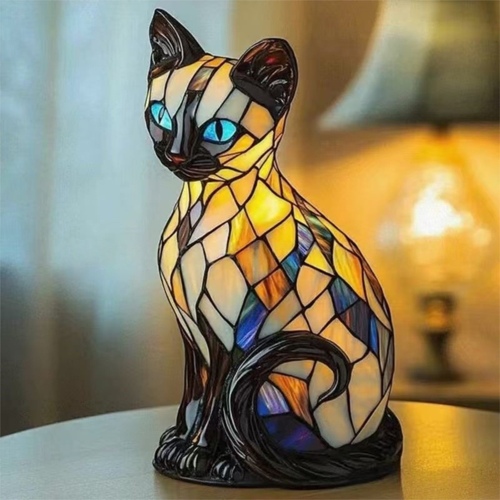 Stained Glass Cat Lamp — Resin LED Night Light, USB Table Lamp Gift - Damsona