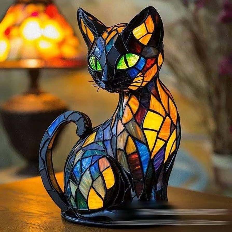 Stained Glass Cat Lamp — Resin LED Night Light, USB Table Lamp Gift - Damsona