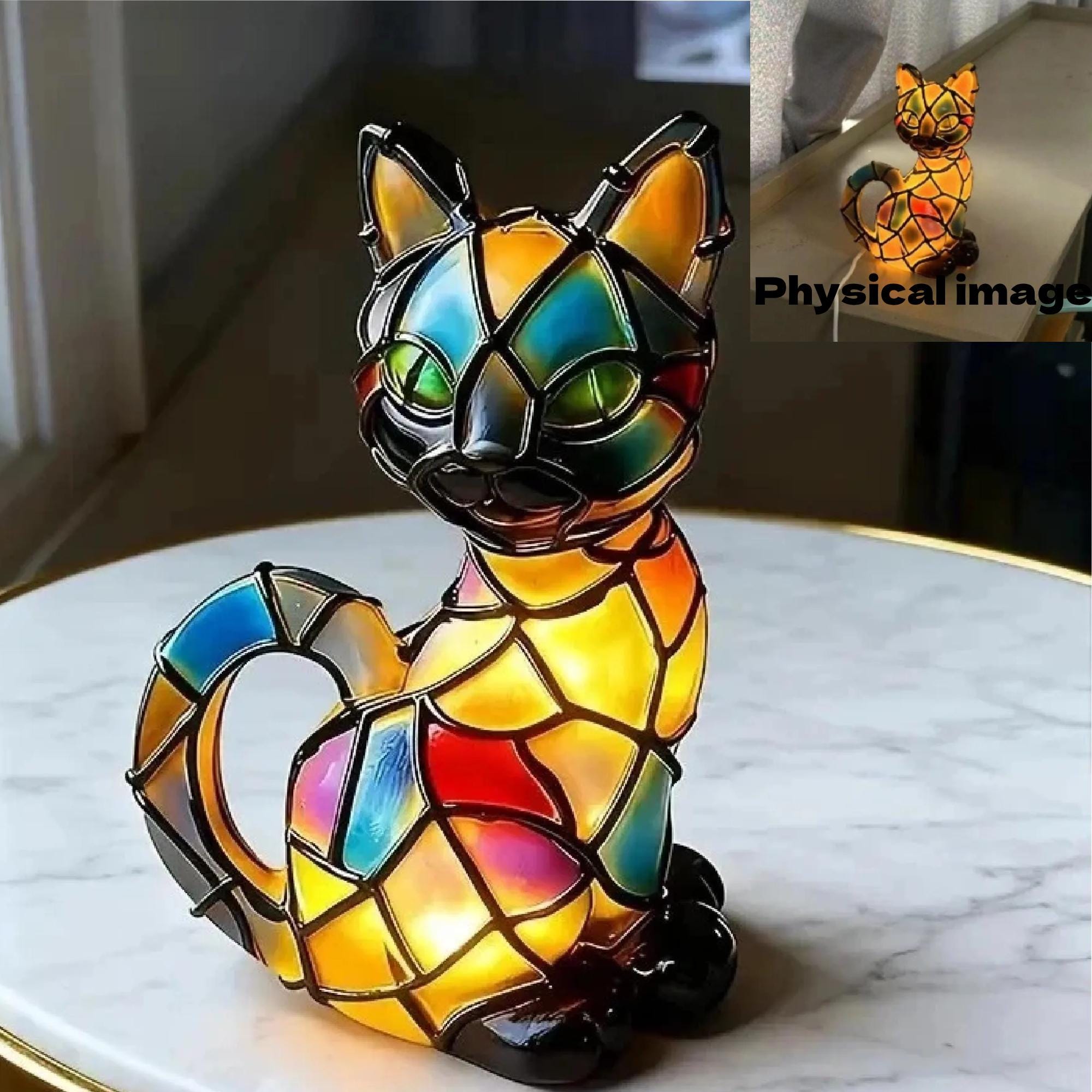 Stained Glass Cat Lamp — Resin LED Night Light, USB Table Lamp Gift - Damsona