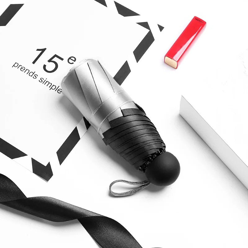 Titanium Silver 8 Ribs Pocket Mini Umbrella: Anti - UV Sun Umbrella, UPF Protection - GiftWave.co